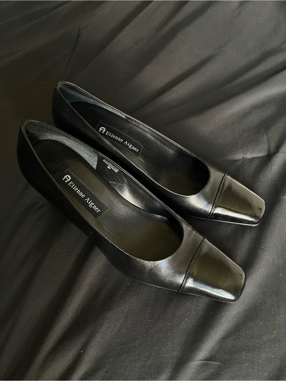 Etienne Aigner Black Leather Square Toe Block Heel Pumps 7.5M Old Money Preppy